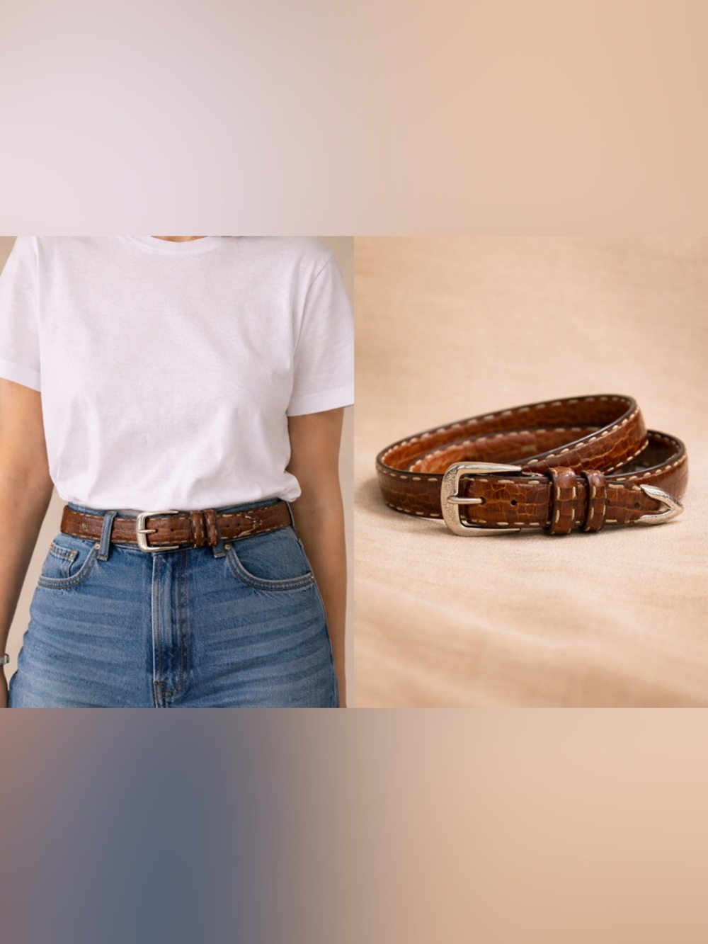 Kenneth Cole Croc Embossed Leather Belt 38 Brown Italian Calfskin Luxury Western